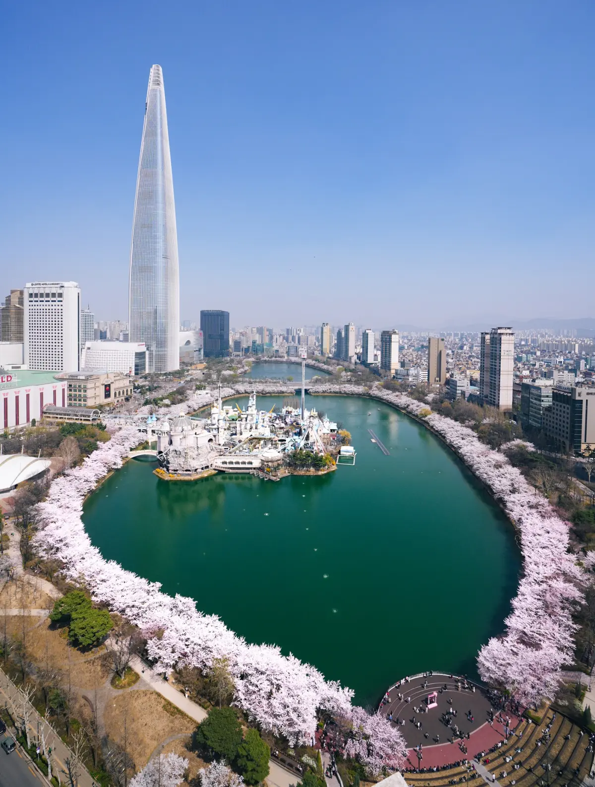 A high-angle aerial view of Seokchon Lake in Jamsil, Seoul, South Korea, during the peak of spring. The emerald-green lake is completely encircled by a vibrant ring of white and pink cherry blossom trees in full bloom. In the center of the lake sits Lotte World's Magic Island with its castle-like architecture. The skyline is dominated by the massive 123-story Lotte World Tower rising into a clear blue sky on the left. Pedestrians can be seen walking along the circular lakeside trail, enjoying the Seokchon Lake Cherry Blossom Festival.