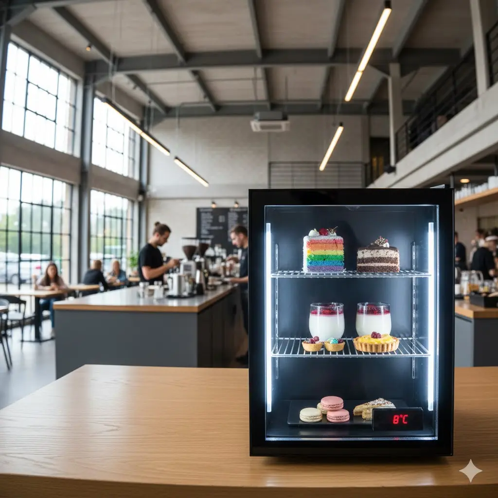 카페 카운터 위에 올려두어 추가 매출을 유도하는 미니 디저트 쇼케이스 / 상업용 냉장고