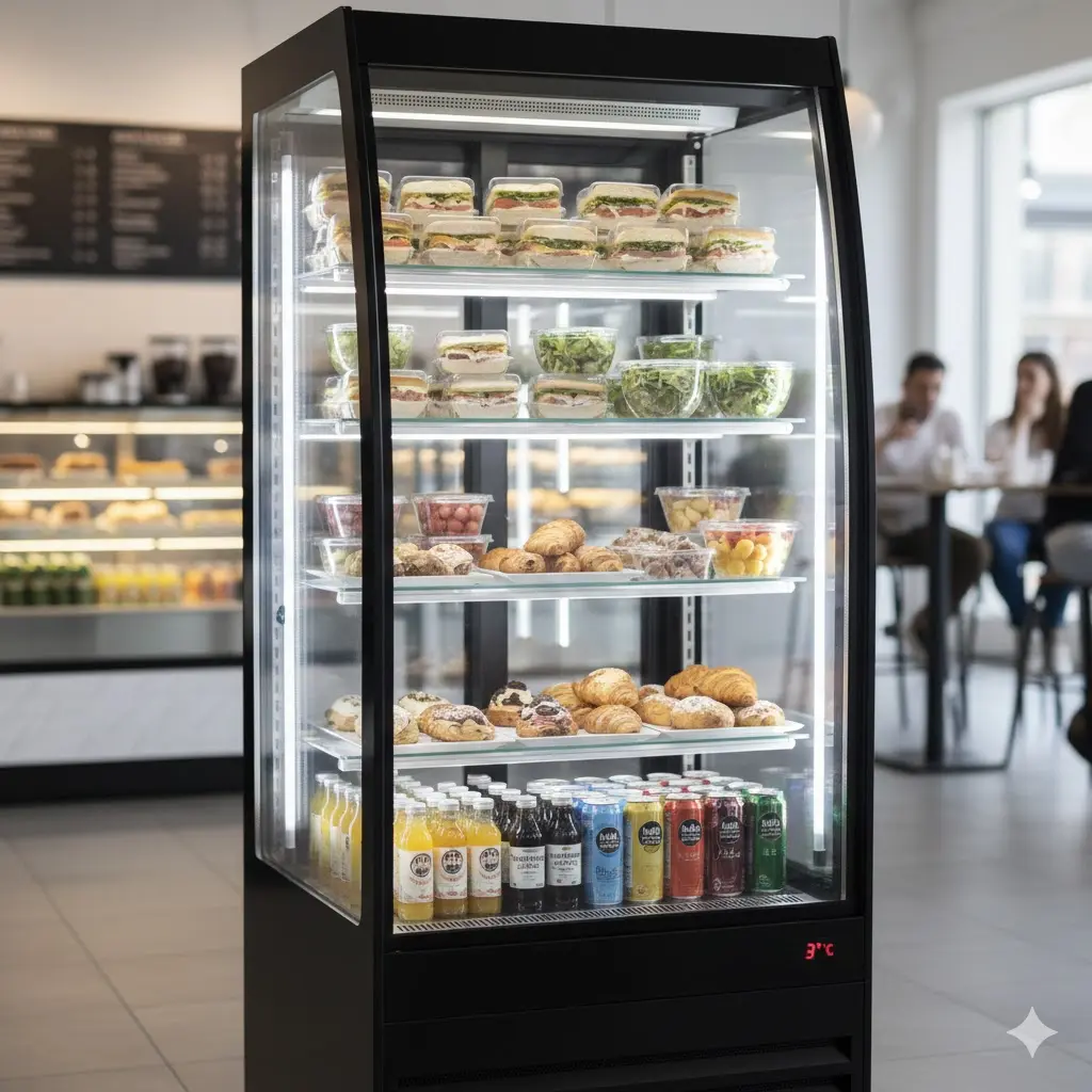 고객의 시선을 사로잡는 탁 트인 4면 유리 구조의 상업용 미니 냉장고