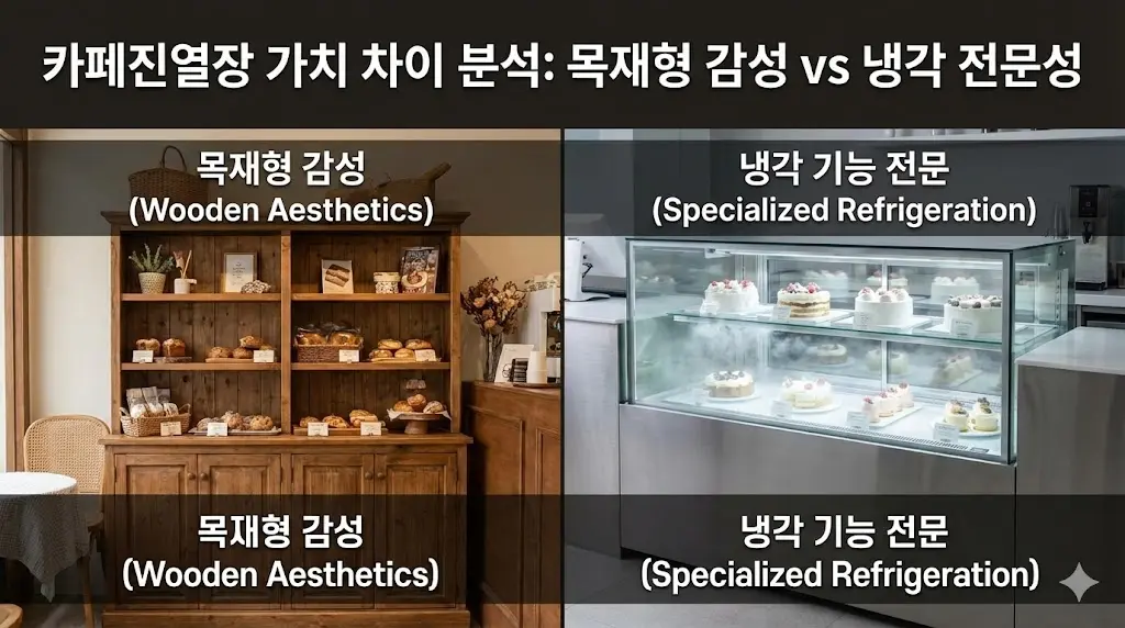 카페 진열장 비교 분석 대표 이미지: 감성적인 목재 진열장과 전문적인 냉각 쇼케이스의 가치 차이