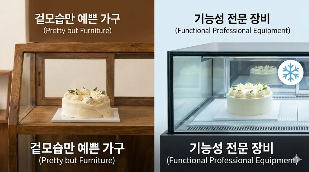 겉모습만 예쁜 목재 가구와 기능을 갖춘 전문 냉각 장비의 케이크 보관 상태 비교 이미지