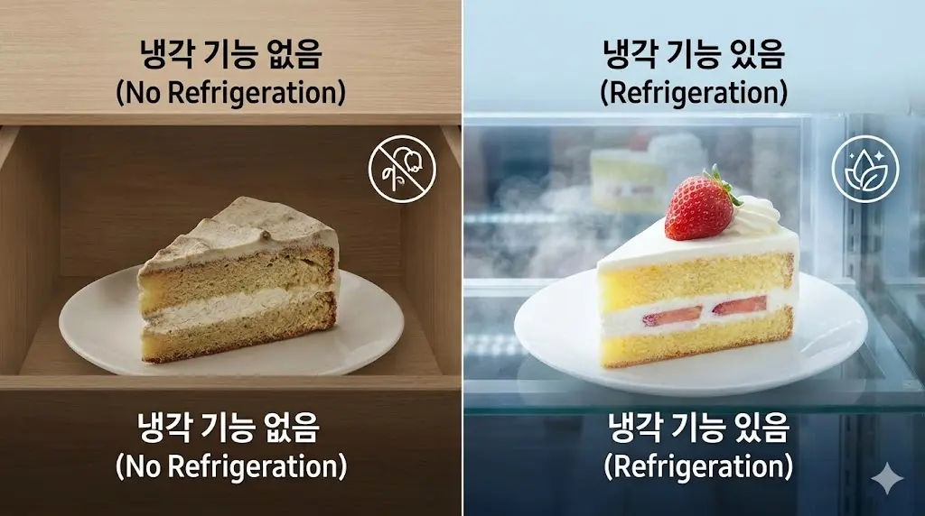 냉각 기능 유무에 따른 케이크 신선도 차이를 보여주는 비교 이미지