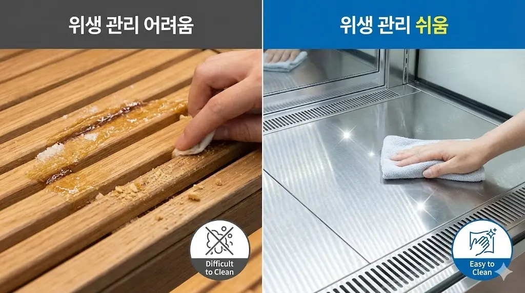 위생 관리의 어려움(목재)과 쉬움(전문 소재)을 보여주는 비교 이미지