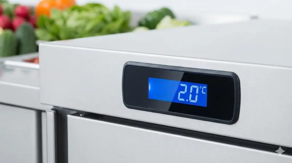 정밀한 온도 유지를 보여주는 토핑냉장고의 디지털 온도계 이미지