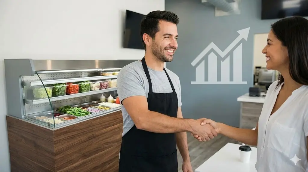 성공적인 비즈니스를 상징하는 샌드위치 샵 사장님과 고객의 악수 장면 이미지