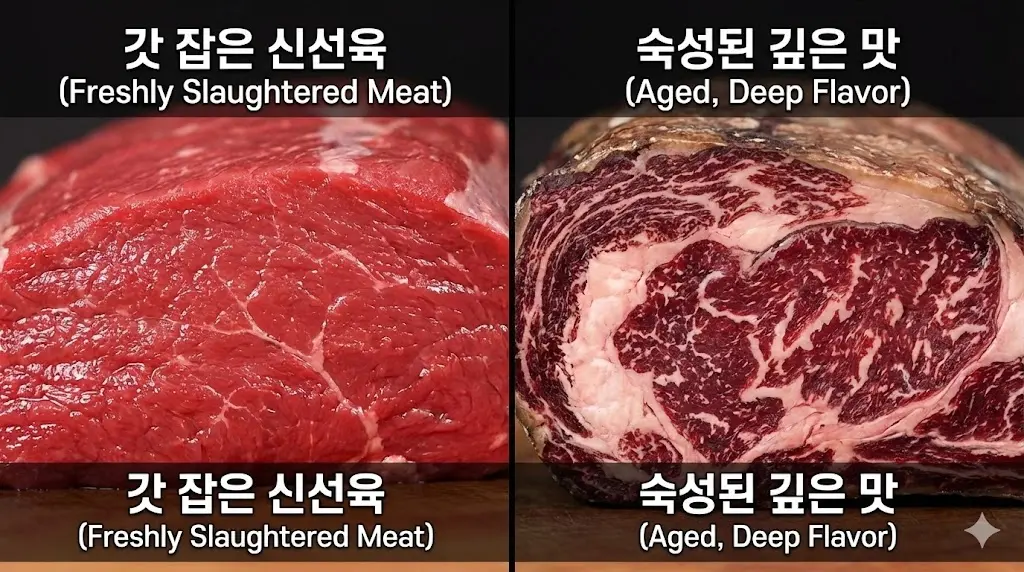 일반 냉장고와 전문 숙성고의 보관 상태를 직관적으로 비교하여, 숙성고의 필요성을 한눈에 보여줍니다.