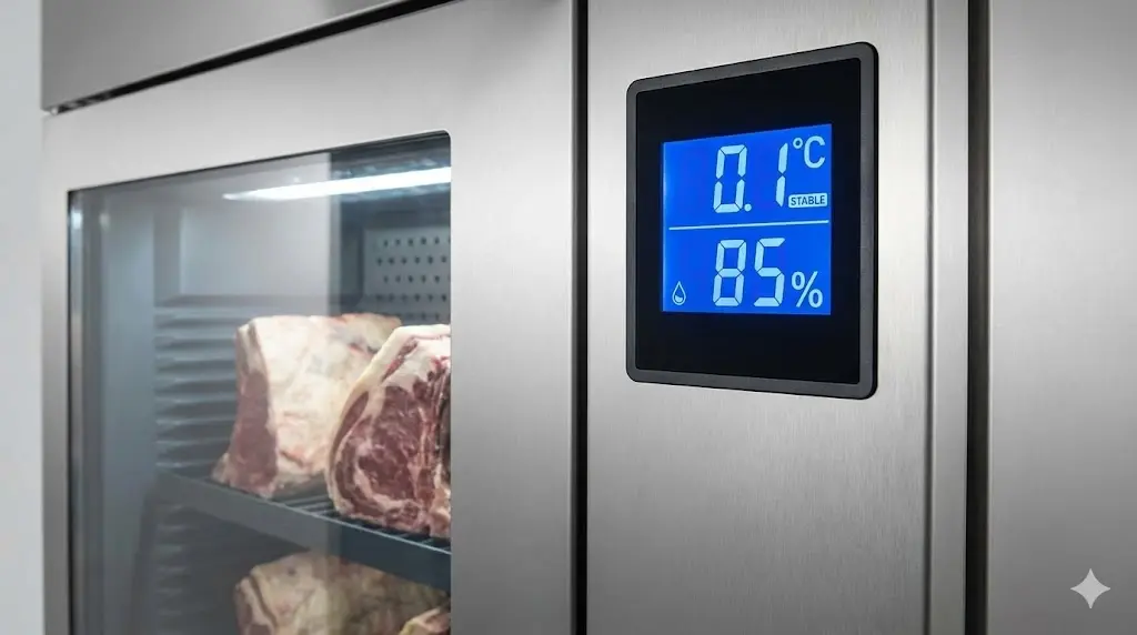 전문 숙성고의 핵심 기술인 정밀한 온도 제어 능력을 강조하기 위해, 소수점 단위까지 표시되는 디지털 디스플레이를 클로즈업했습니다.