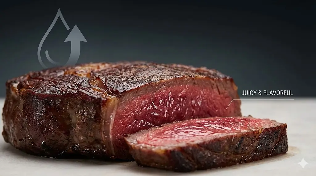 최적의 습도 관리로 완성된, 겉은 바삭하고 속은 육즙이 가득한 숙성 스테이크의 단면을 보여줍니다