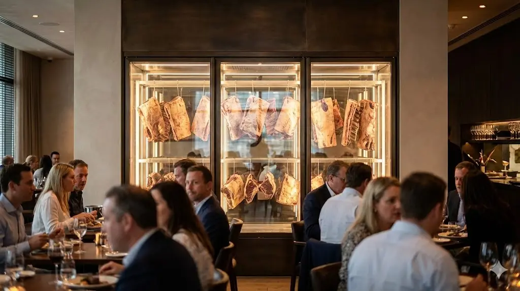 매장 내에 설치된 대형 숙성고가 고객에게 신뢰를 주고, 그 자체로 훌륭한 마케팅 요소가 되는 모습을 레스토랑 전경으로 담았습니다.