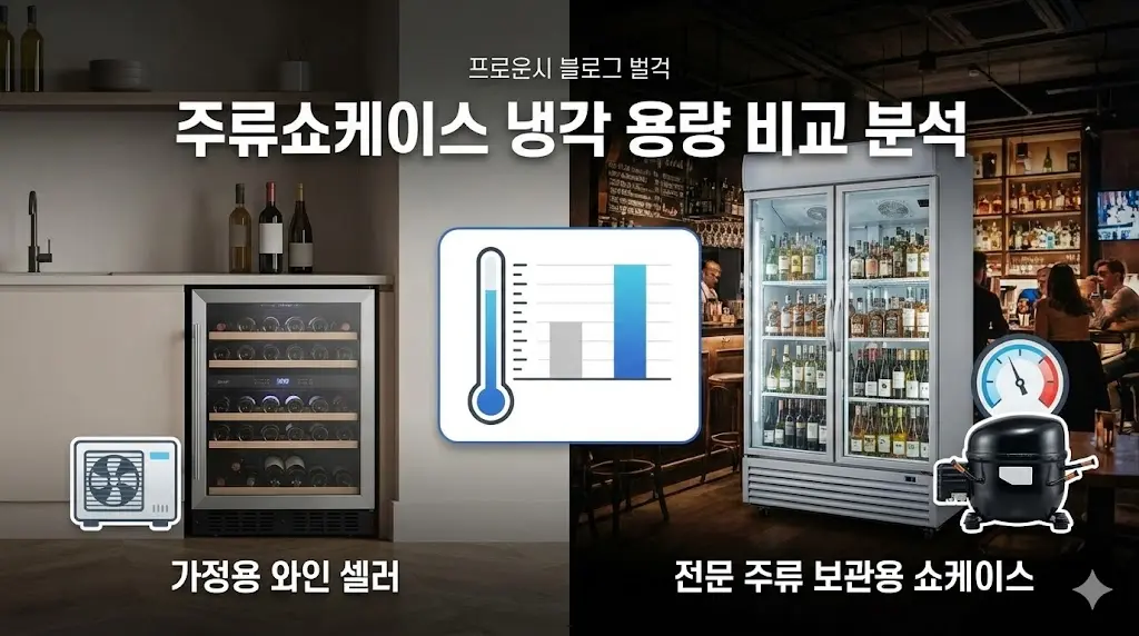 가정용 와인 셀러와 전문 주류 쇼케이스의 냉각 용량을 비교하는 인포그래픽 대표 이미지