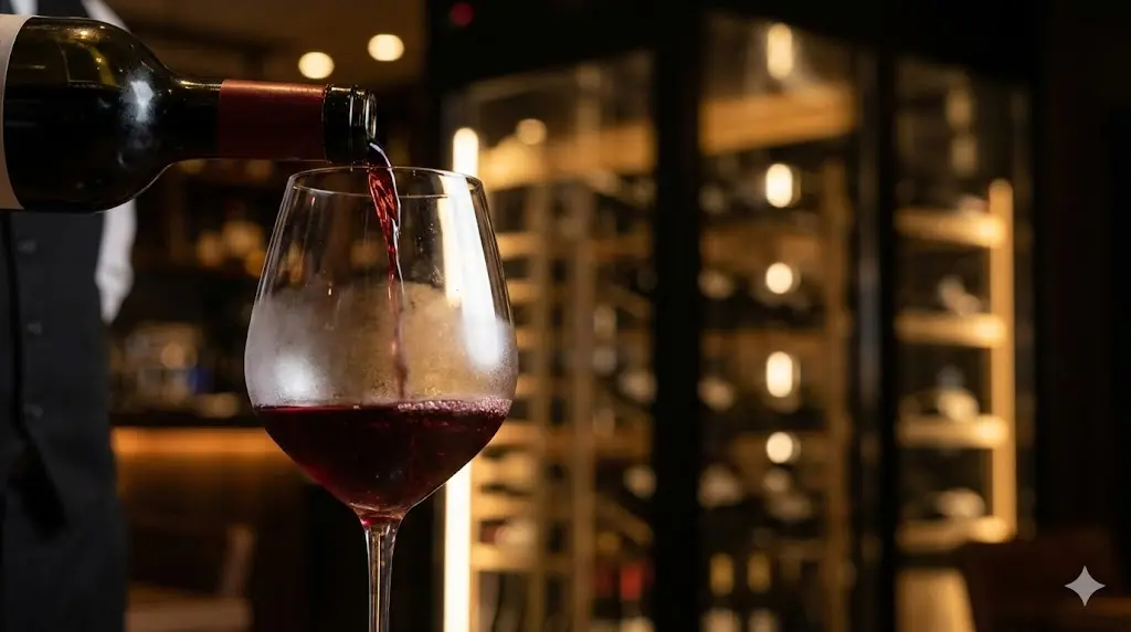 완벽한 온도로 서빙되는 레드 와인의 감동적인 순간을 담은 이미지