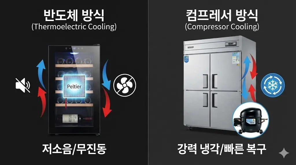 반도체 방식과 컴프레서 방식 주류 쇼케이스의 냉각 원리 비교 인포그래픽