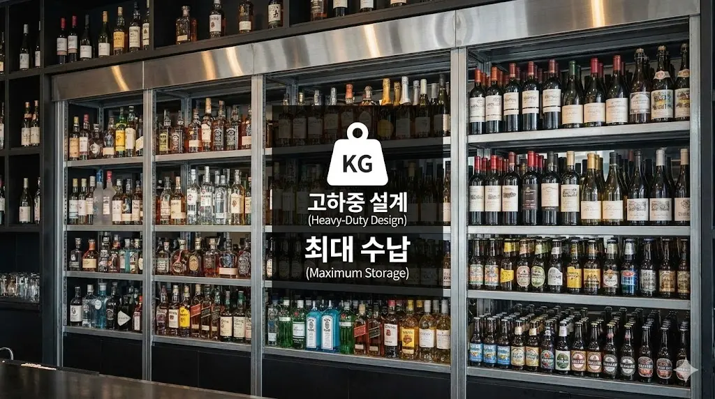 대용량 주류를 효율적으로 수납하고 견디는 고하중 설계의 주류 쇼케이스 이미지