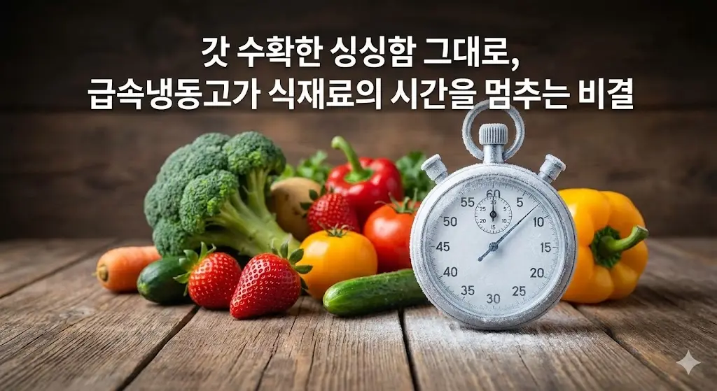 싱싱한 식재료 옆에 시간이 멈춘 스톱워치로 급속냉동의 신선도 유지를 상징하는 이미지.