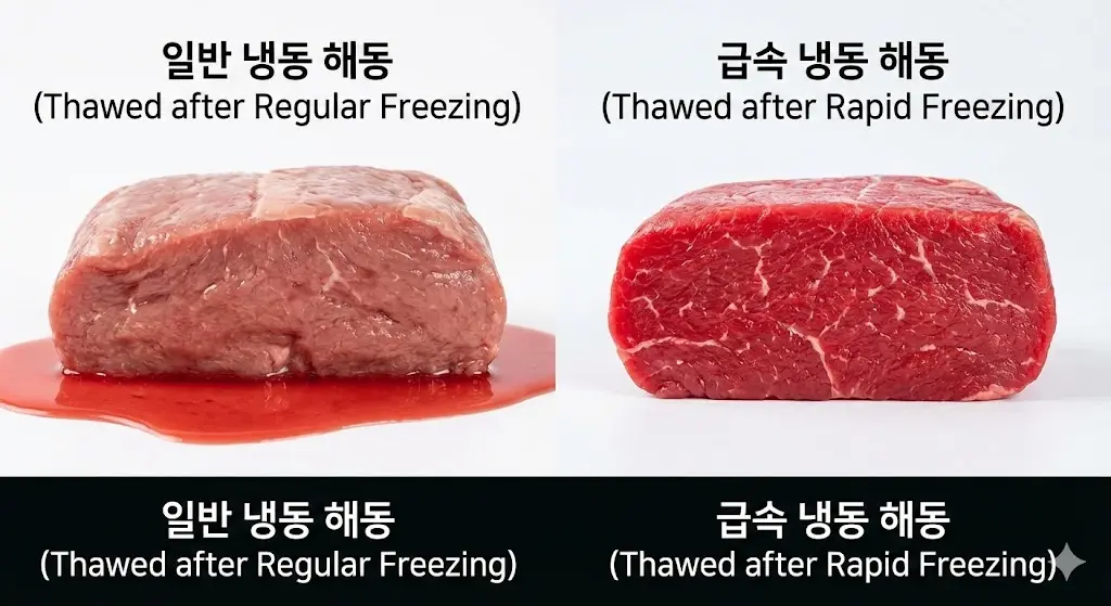 해동 후 드립이 많은 일반 냉동 소고기와 드립 없이 신선한 급속 냉동 소고기의 단면 비교.