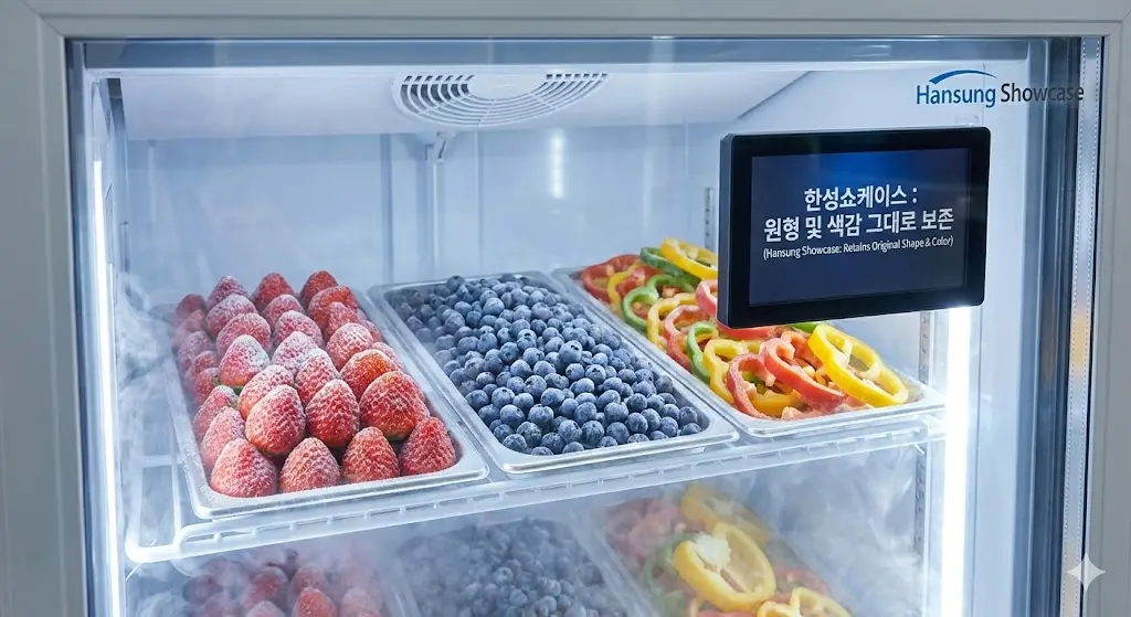 한성쇼케이스 급속냉동고에서 원형과 색감이 그대로 보존된 과일 및 채소 시연.