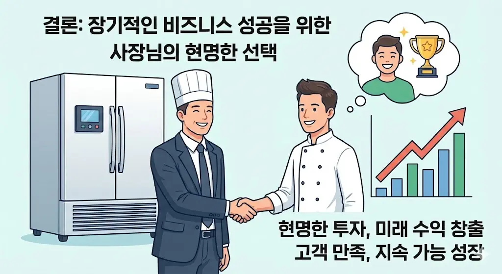 급속 냉동 기술 도입을 통한 비즈니스 성공과 수익 상승 그래프 및 만족하는 사장님