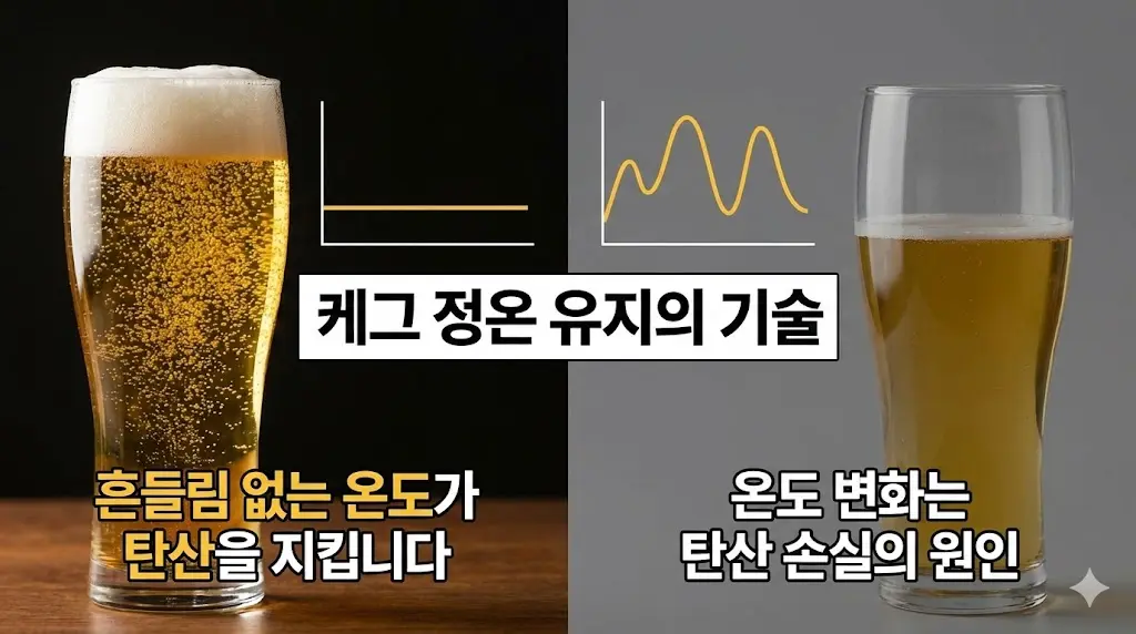 흔들림 없는 온도로 탄산이 살아있는 맥주와 온도 변화로 김이 빠진 맥주를 비교한 이미지.