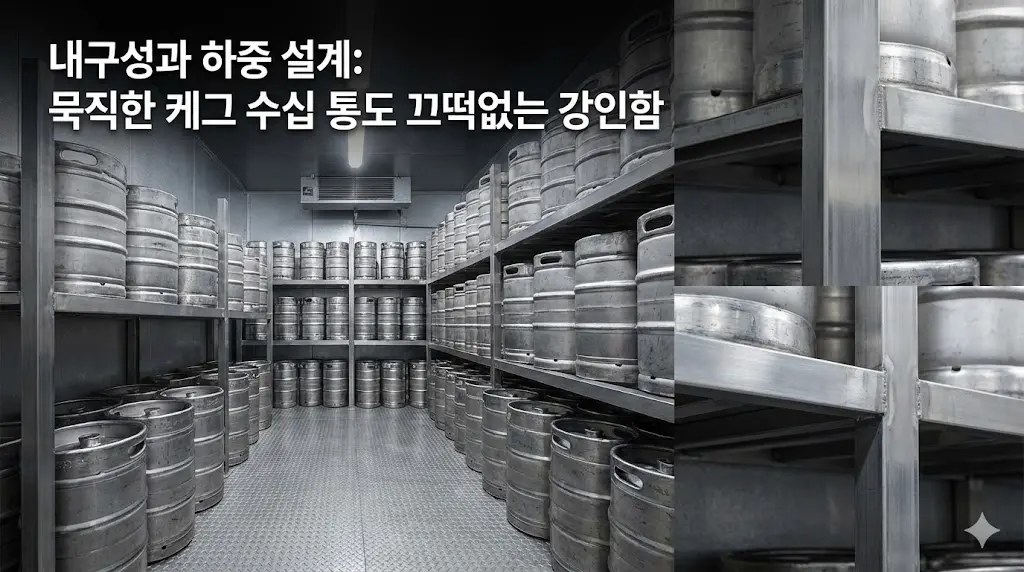수십 통의 무거운 케그가 가득 찬 냉장고 내부와 견고한 선반 구조를 보여주는 내구성 강조 이미지