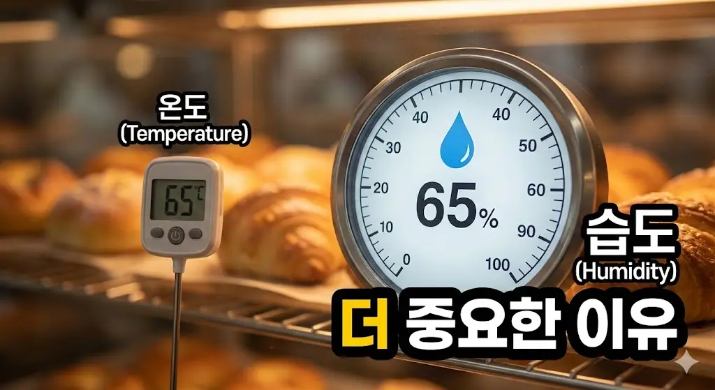 보온쇼케이스 내부의 온도계와 습도계를 보여주며, 음식의 신선도 유지에 습도가 더 중요하다는 것을 강조하는 이미지.