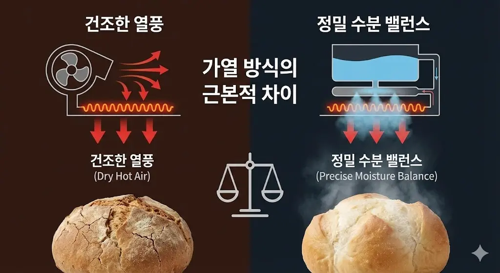 건조한 열풍을 사용하는 일반 방식과 수분을 공급하는 정밀 수분 밸런스 방식의 작동 원리를 비교한 인포그래픽.