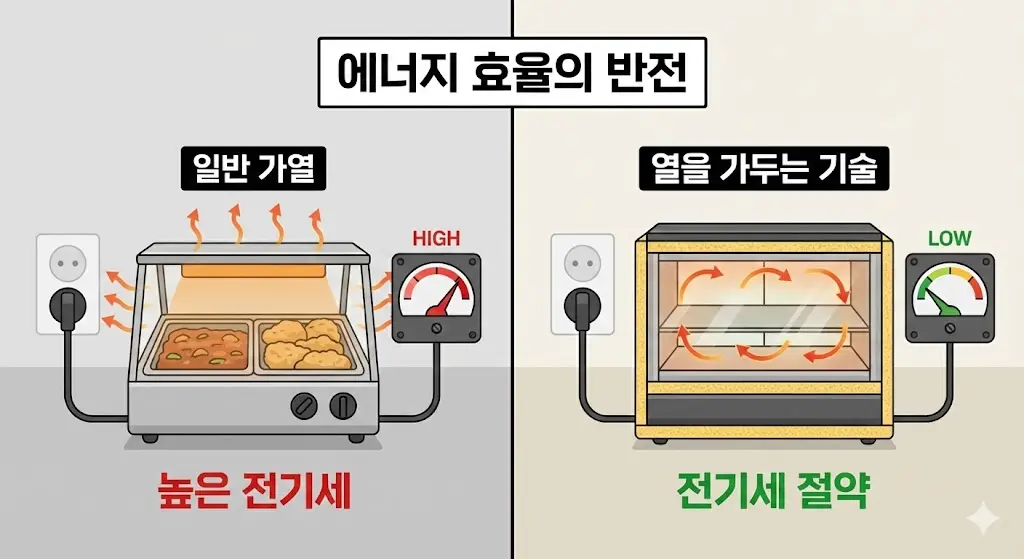 열 손실이 많은 일반 가열 방식과 열을 효율적으로 가두어 전기세를 절약하는 수분 유지 보온 기술의 에너지 효율을 비교한 인포그래픽.