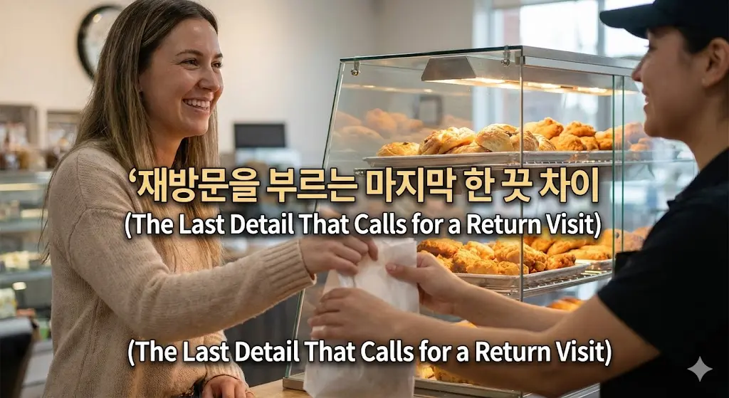 신선하고 먹음직스러운 음식이 진열된 쇼케이스 앞에서 만족스러운 표정으로 음식을 포장해가는 손님의 모습을 보여주며 재방문을 유도하는 이미지.