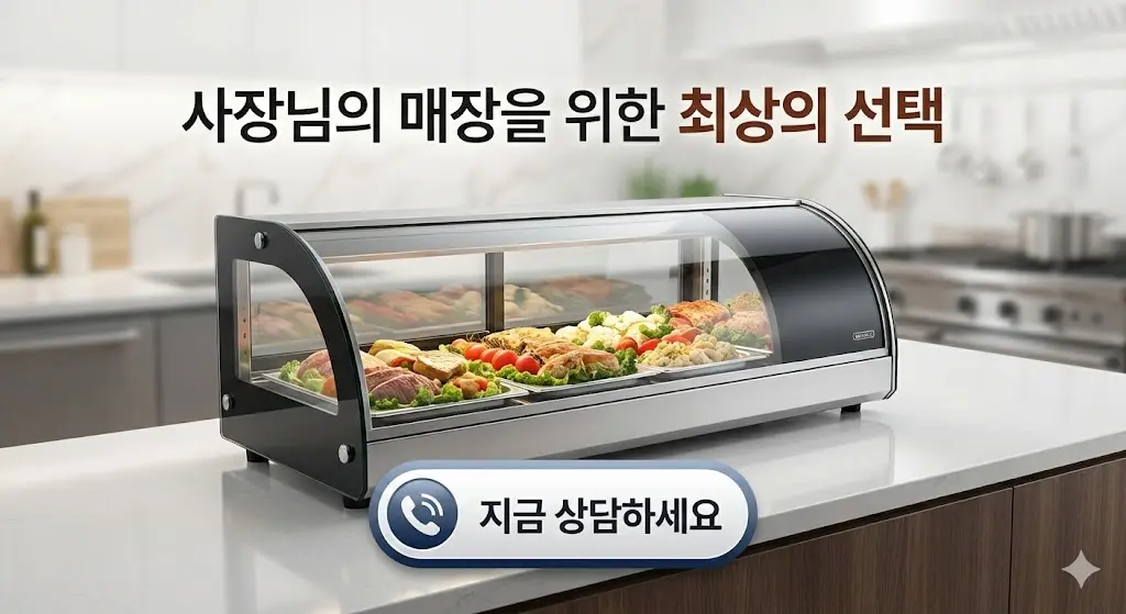 매장에 꼭 필요한 최상의 선택임을 강조하며, '지금 상담하세요' 버튼과 함께 보온쇼케이스를 보여주는 제품 홍보 및 상담 유도 이미지.