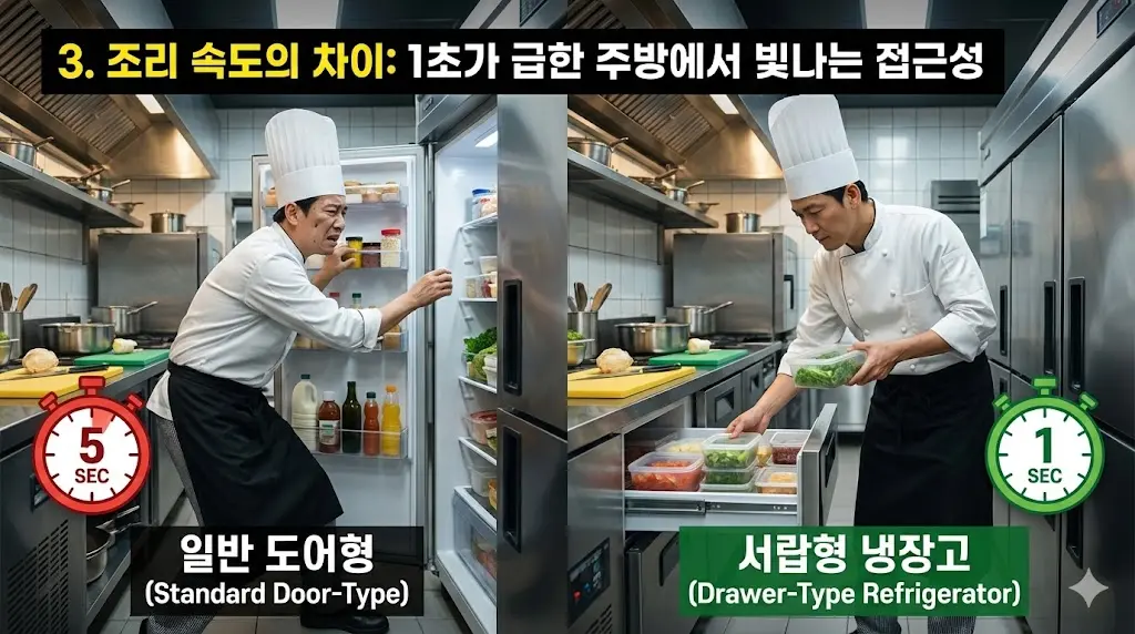 일반 도어형 냉장고에서 재료를 찾는 데 걸리는 시간과 서랍형 냉장고에서 빠르게 재료를 꺼내는 시간을 비교하여 작업 속도 차이를 강조한 이미지.