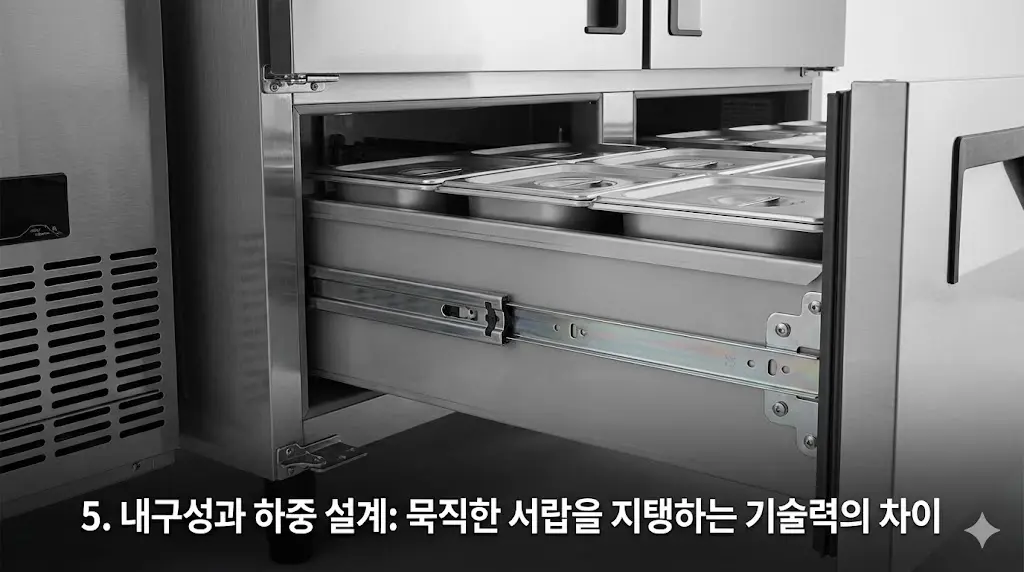 무거운 식재료가 가득 담긴 서랍을 튼튼하게 지탱하는 서랍형 냉장고의 내구성과 하중 설계 기술을 보여주는 클로즈업 이미지.