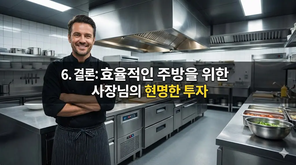 서랍형 냉장고를 도입하여 효율적인 주방을 구축한 후 만족해하는 사장님의 모습을 통해 현명한 투자의 중요성을 강조한 이미지.