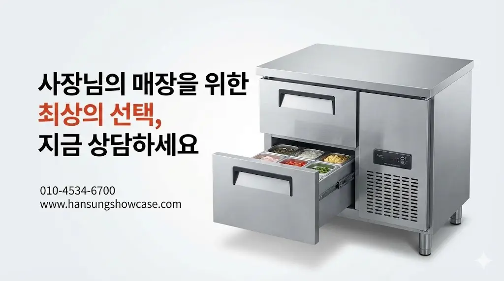 업소용 서랍형 냉장고 제품 사진과 함께 상담 문의 정보를 제공하여 고객의 구매를 유도하는 이미지.