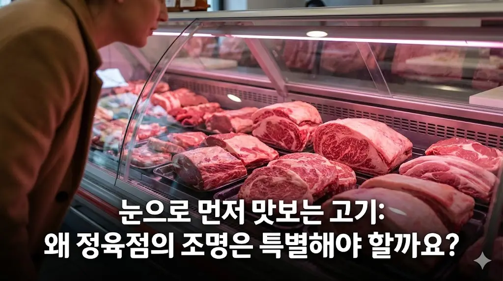 정육점 쇼케이스의 붉은 조명 아래 먹음직스럽게 진열된 고기를 바라보는 고객의 시선을 담은 이미지.