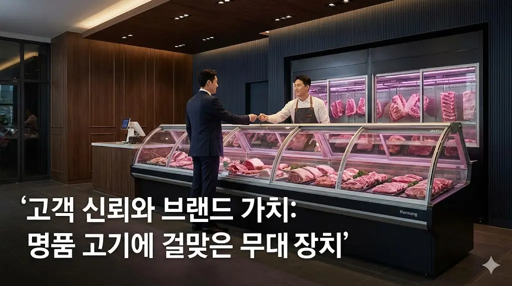 고급스러운 정육점에서 고객이 신뢰감을 느끼며 한성쇼케이스 앞의 고기를 구매하는 장면을 담은 이미지.