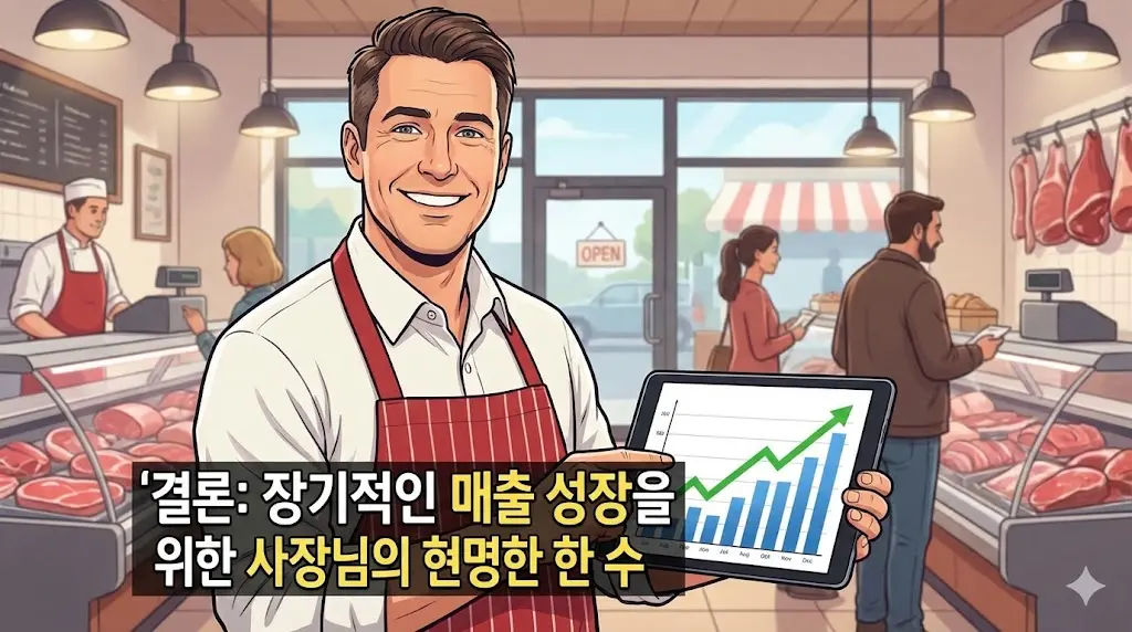 매출 상승 그래프가 그려진 태블릿을 들고 환하게 웃는 정육점 사장님의 모습을 통해 긍정적인 미래를 보여주는 이미지.