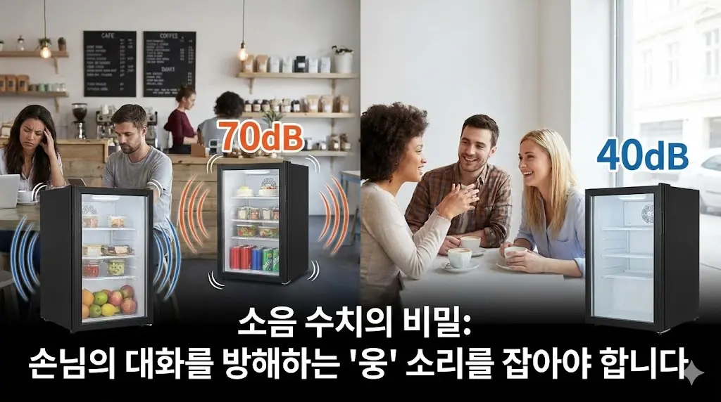 시끄러운 냉장고 소음으로 불편해하는 손님들과 조용한 냉장고 덕분에 편안하게 대화하는 손님들을 비교한 이미지.