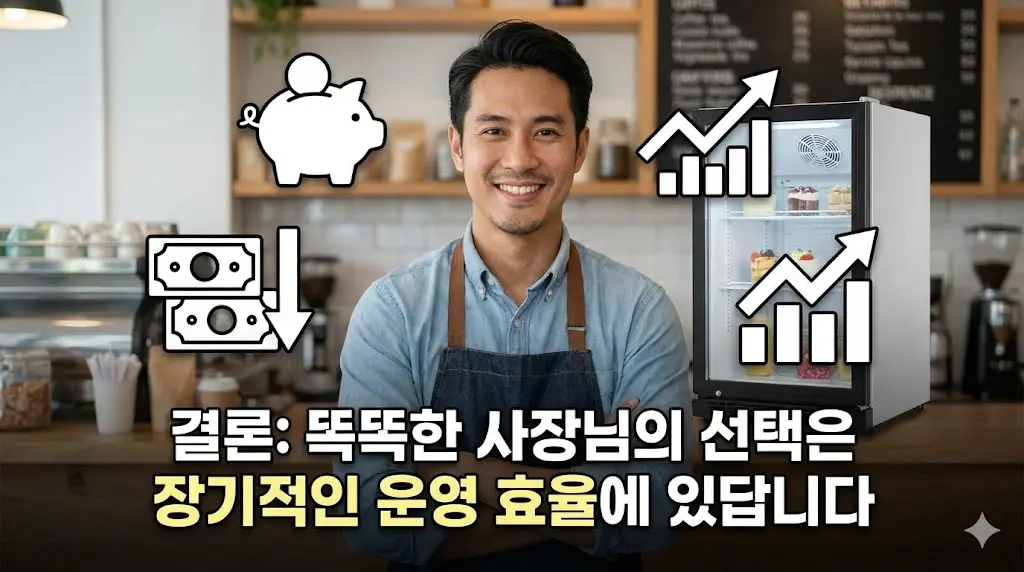 고품질 소형 냉장고를 사용하여 운영 효율을 높이고 비용을 절감하여 만족해하는 사장님의 모습을 담은 이미지.