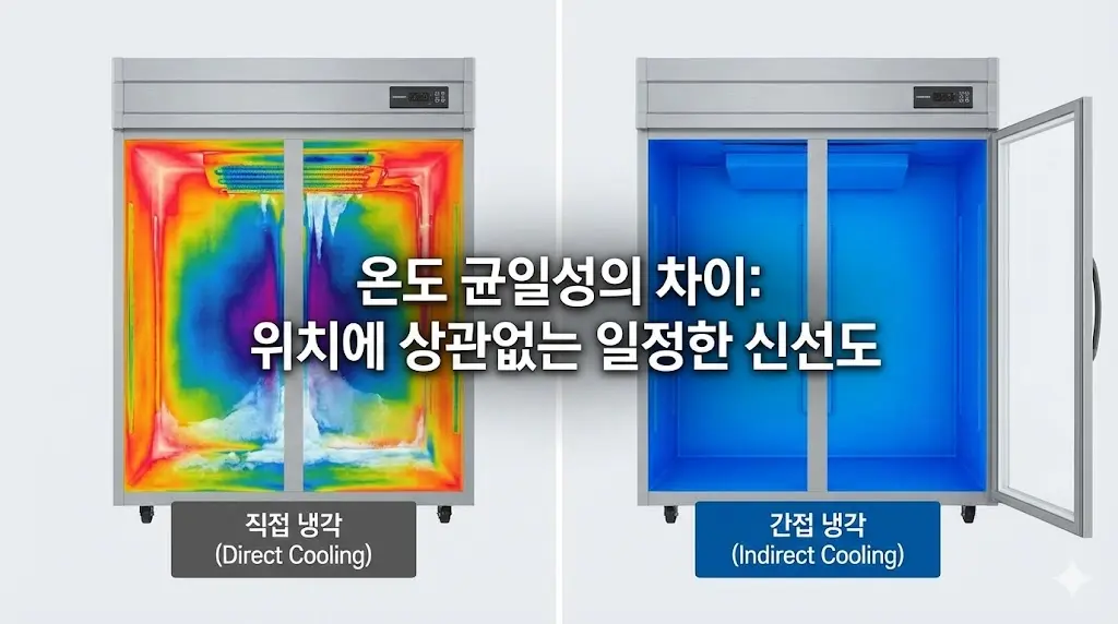 직접 냉각 방식의 불균일한 온도 분포와 간접 냉각 방식의 균일한 온도 분포를 열화상 이미지로 비교한 이미지.