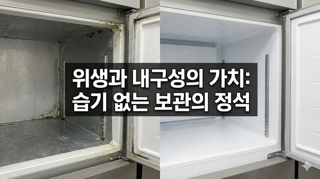 습기와 곰팡이가 있는 직접 냉각 방식 냉동고와 깨끗하고 건조한 간접 냉각 방식 냉동고의 내부 위생 상태를 비교한 이미지.