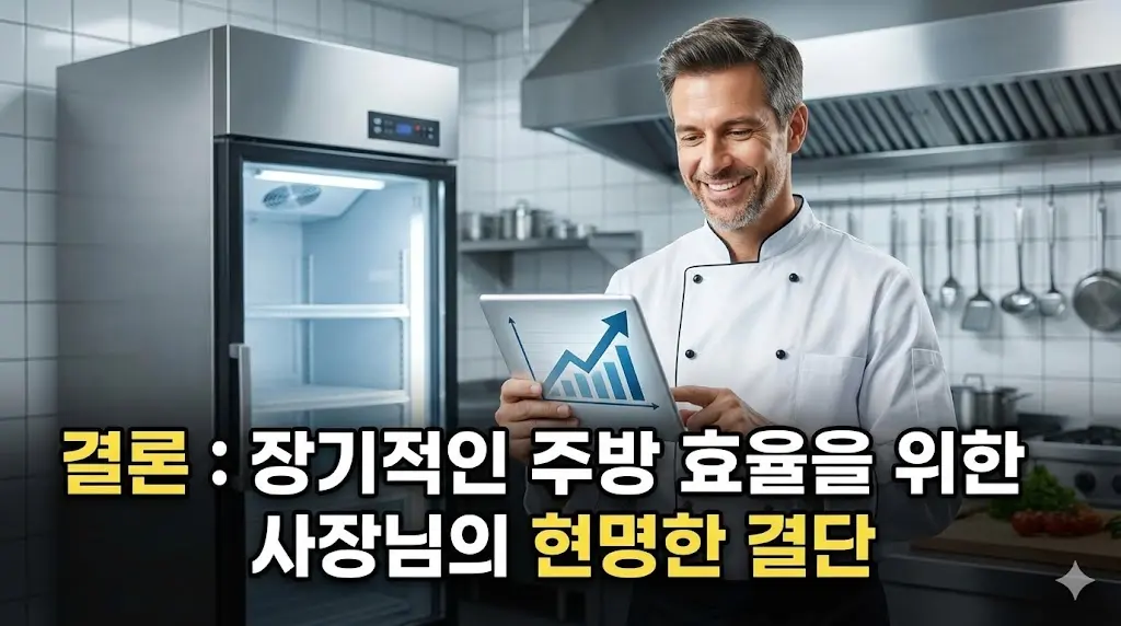 간접 냉각 방식 냉동고 사용으로 주방 효율이 향상되어 만족해하는 사장님의 모습을 담은 이미지.