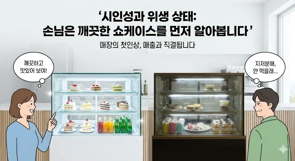 깨끗한 신품 쇼케이스와 노후된 중고 모델 위생 비교