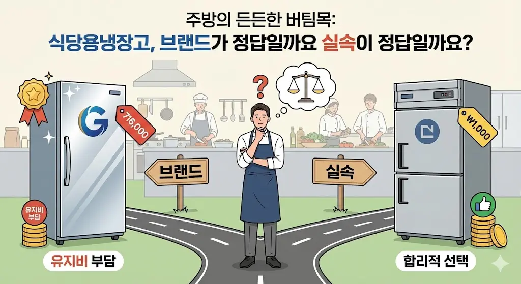 주방 환경에 최적화된 브랜드 냉장고와 실속형 모델 사이에서 고민하는 식당 사장님의 모습