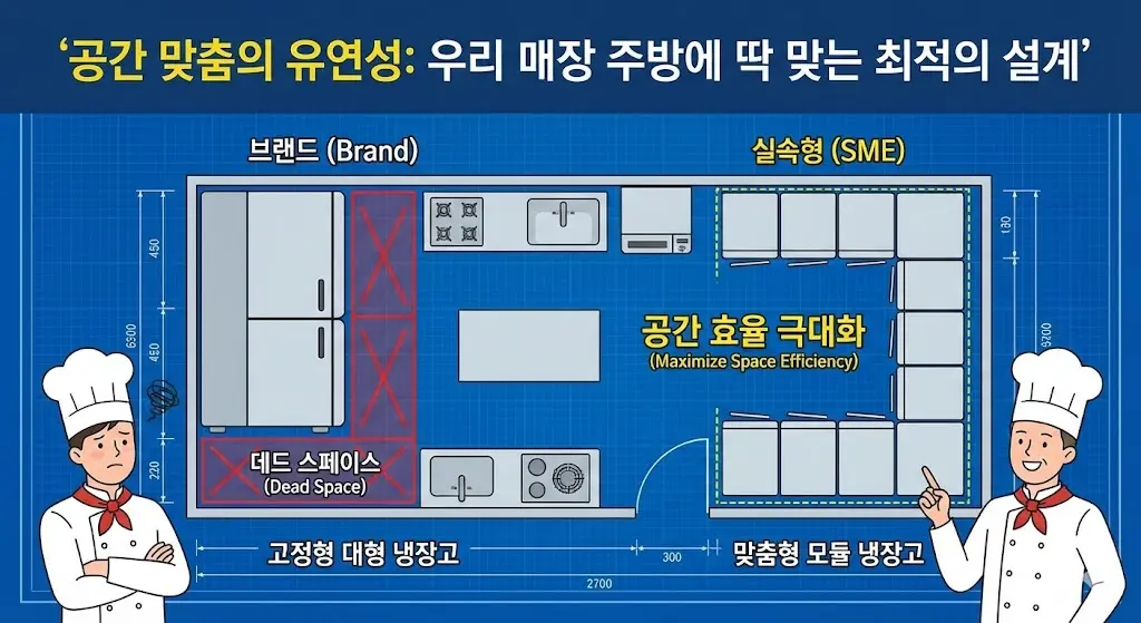 좁거나 복잡한 주방 동선에 딱 맞춰 설계 및 설치된 공간 효율 최적화 식당용 냉장고 사례