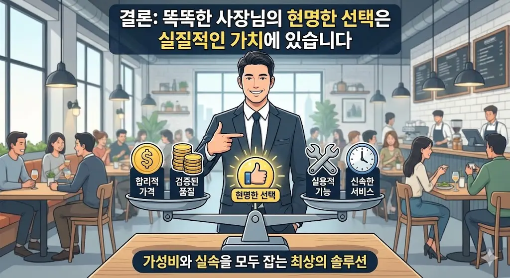 실질적인 가치와 운영 효율을 따져 현명하게 냉장고를 선택하고 만족해하는 식당 사장님의 미소