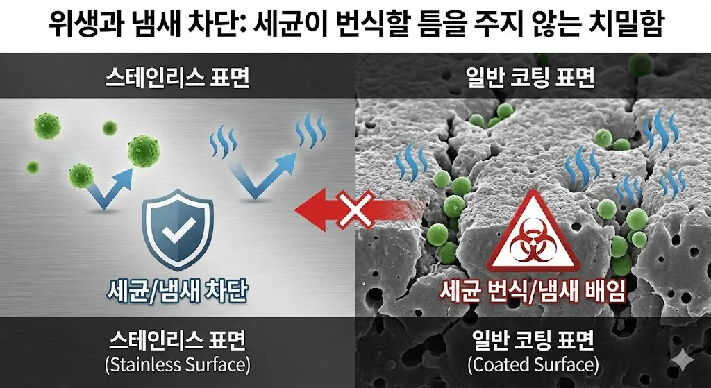 미세한 틈새가 없어 세균 번식과 식재료 냄새 배임을 효과적으로 차단하는 스테인리스 표면의 위생적 장점