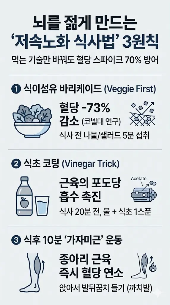 뇌를 젊게 만드는 '저속노화 식사법' 3원칙 모바일 인포그래픽. 먹는 기술로 혈당 스파이크 70% 방어. 첫째, 식이섬유 바리케이드(Veggie First): 코넬대 연구 결과 식전 나물/샐러드 5분 섭취 시 혈당 73% 감소. 둘째, 식초 코팅(Vinegar Trick): 식사 20분 전 물에 식초 1스푼 타서 마시면 아세테이트가 근육의 포도당 흡수 촉진. 셋째, 식후 10분 '가자미근' 운동: 앉아서 발뒤꿈치 들기(까치발)로 제2의 심장인 종아리 근육이 즉시 혈당 연소