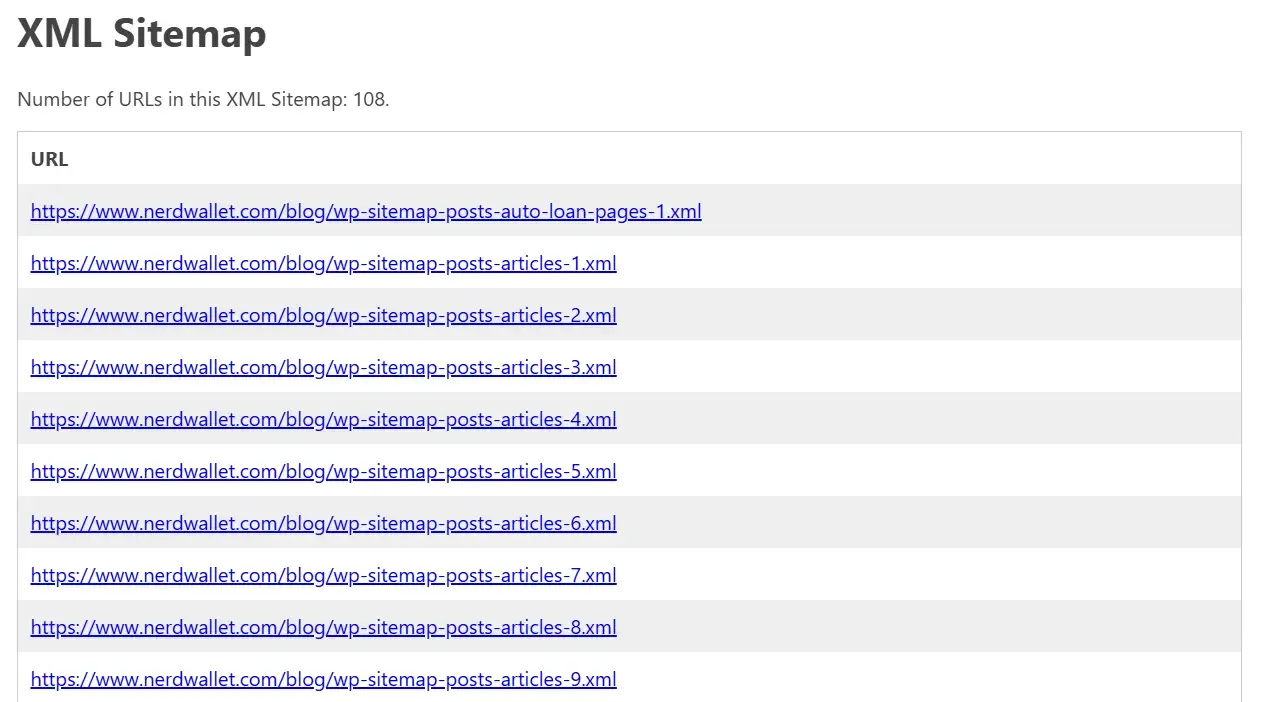 NerdWallet sitemap.xml 인덱스 화면으로 여러 개의 하위 sitemap 파일 목록이 표시된 모습