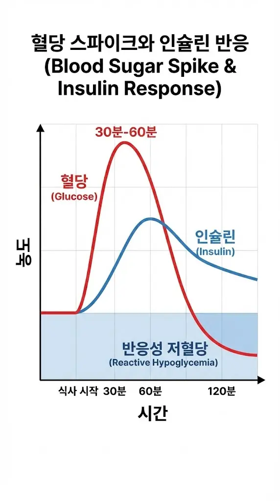 식사 후 시간 경과에 따른 혈당(Glucose)과 인슐린(Insulin) 수치 변화를 보여주는 모바일 그래프. 혈당이 급격히 상승(스파이크)한 뒤 인슐린 과다 분비로 인해 정상 범위 이하로 급락하는 반응성 저혈당(Reactive Hypoglycemia) 현상을 시각화하여 식곤증의 원인을 설명함