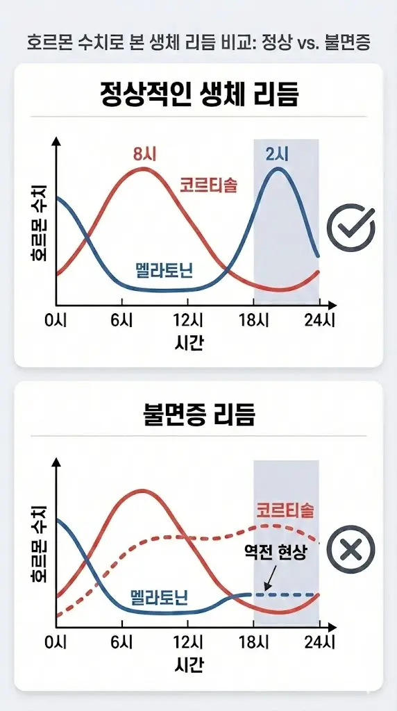 정상 생체 리듬과 불면증 리듬의 코르티솔(Cortisol) 및 멜라토닌(Melatonin) 하루 수치 변화를 비교한 모바일 인포그래픽 그래프. 불면증 환자에게서 나타나는 야간 호르몬 역전 현상을 시각화