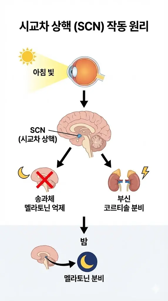 뇌의 생체 시계인 시교차 상핵(SCN)의 작동 원리를 보여주는 모바일 인포그래픽 도식. 아침 빛이 SCN을 활성화시켜 멜라토닌을 억제하고 코르티솔을 분비하는 과정을 단계별로 설명함